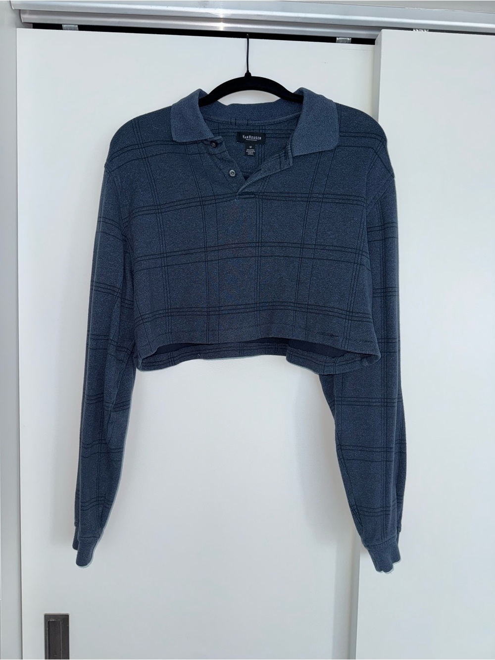 Van Heusen Cropped Long-Sleeve Polo in Slate Blue Windowpane